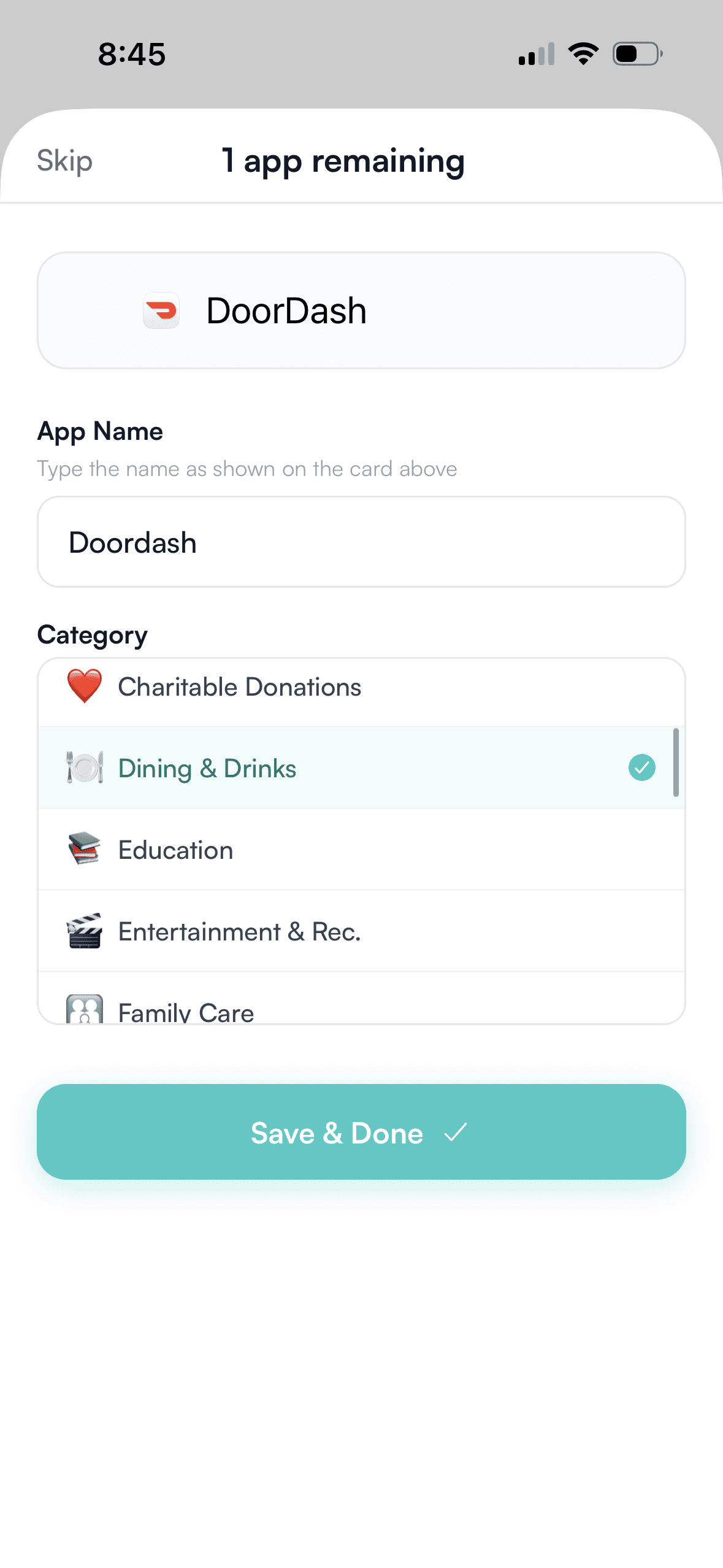 Hinder screen for assigning a name and category to a blocked app