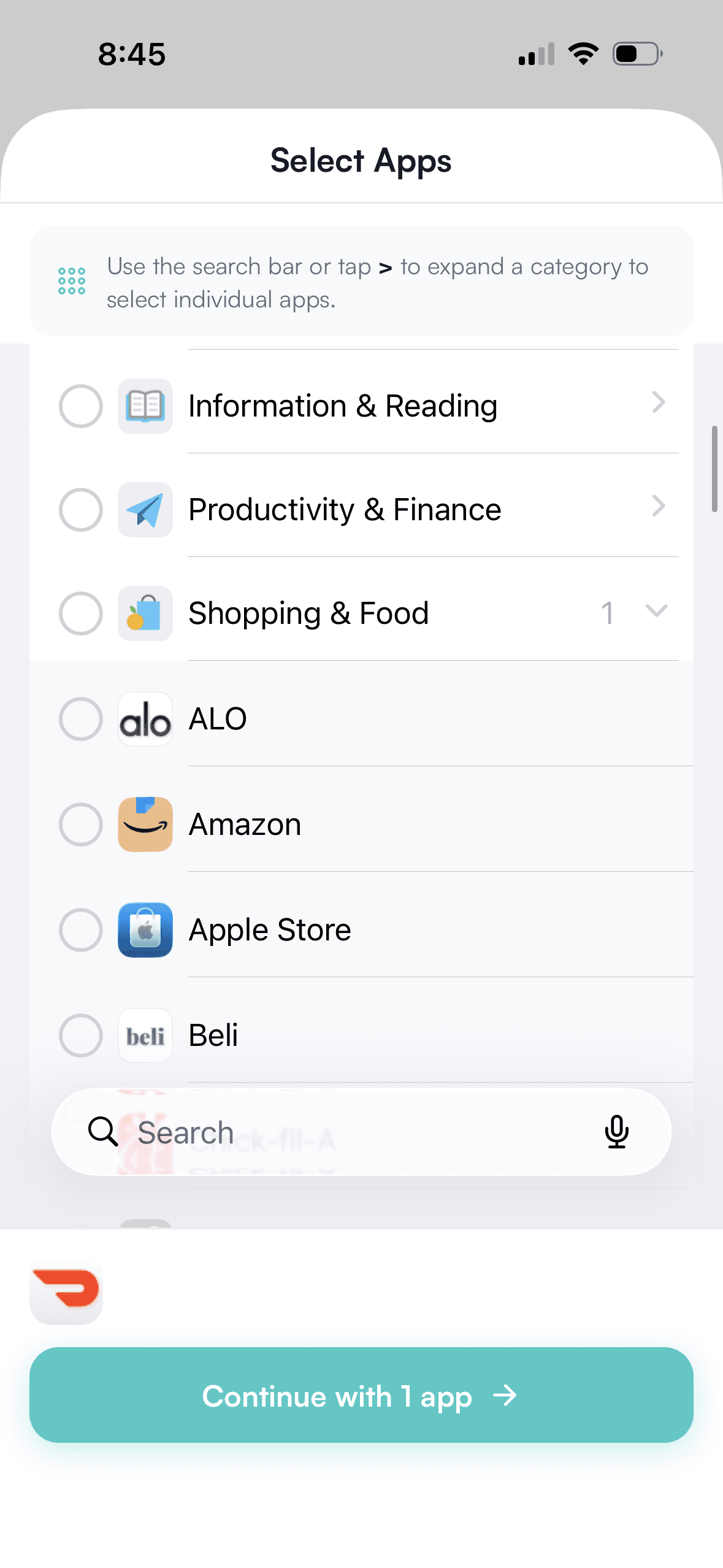 Selecting apps from the list to add to the Block List