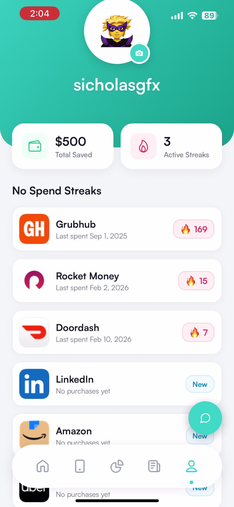 Hinder no-spend streaks on iPhone showing days without a food delivery order and the estimated money saved