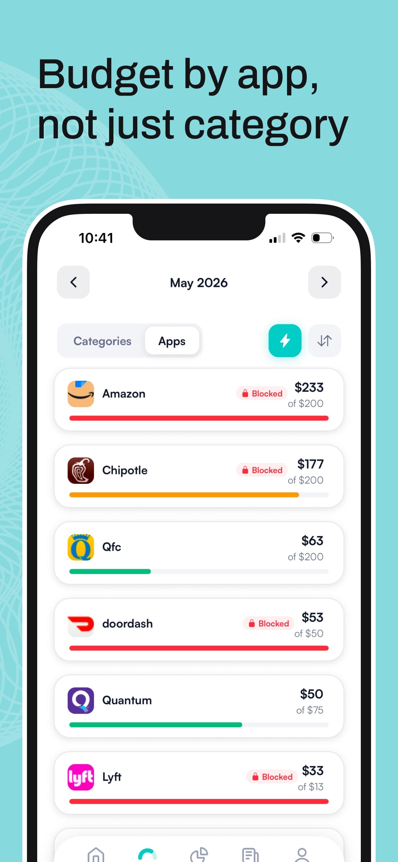 Hinder per-app budgets screen showing monthly limits for DoorDash and Amazon with the over-budget apps marked as blocked