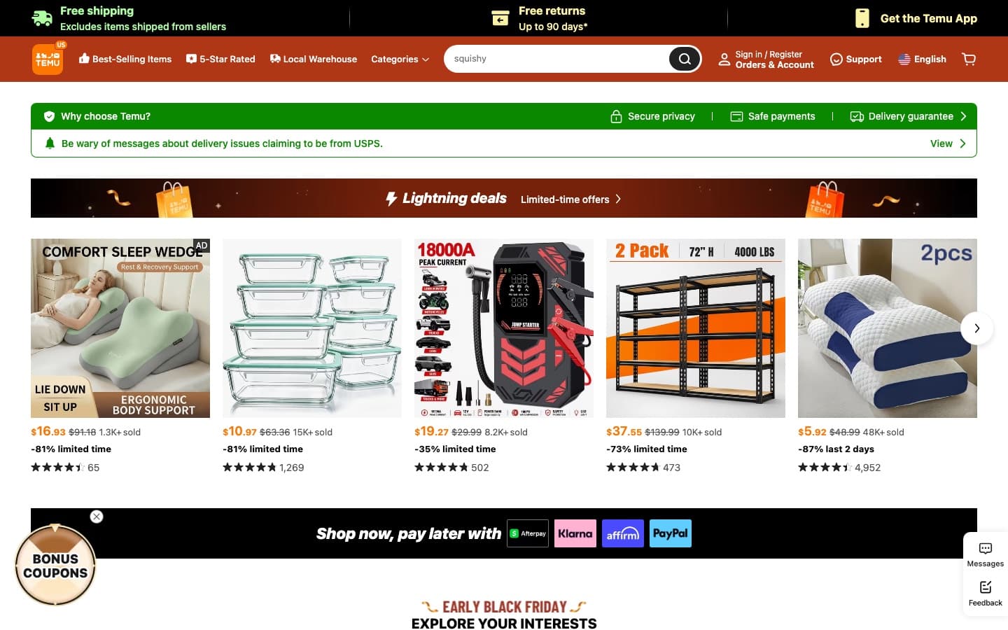 Temu's homepage with lightning deals, limited-time prices and a bonus coupons badge on desktop, and a spin-to-win discount wheel on iPhone