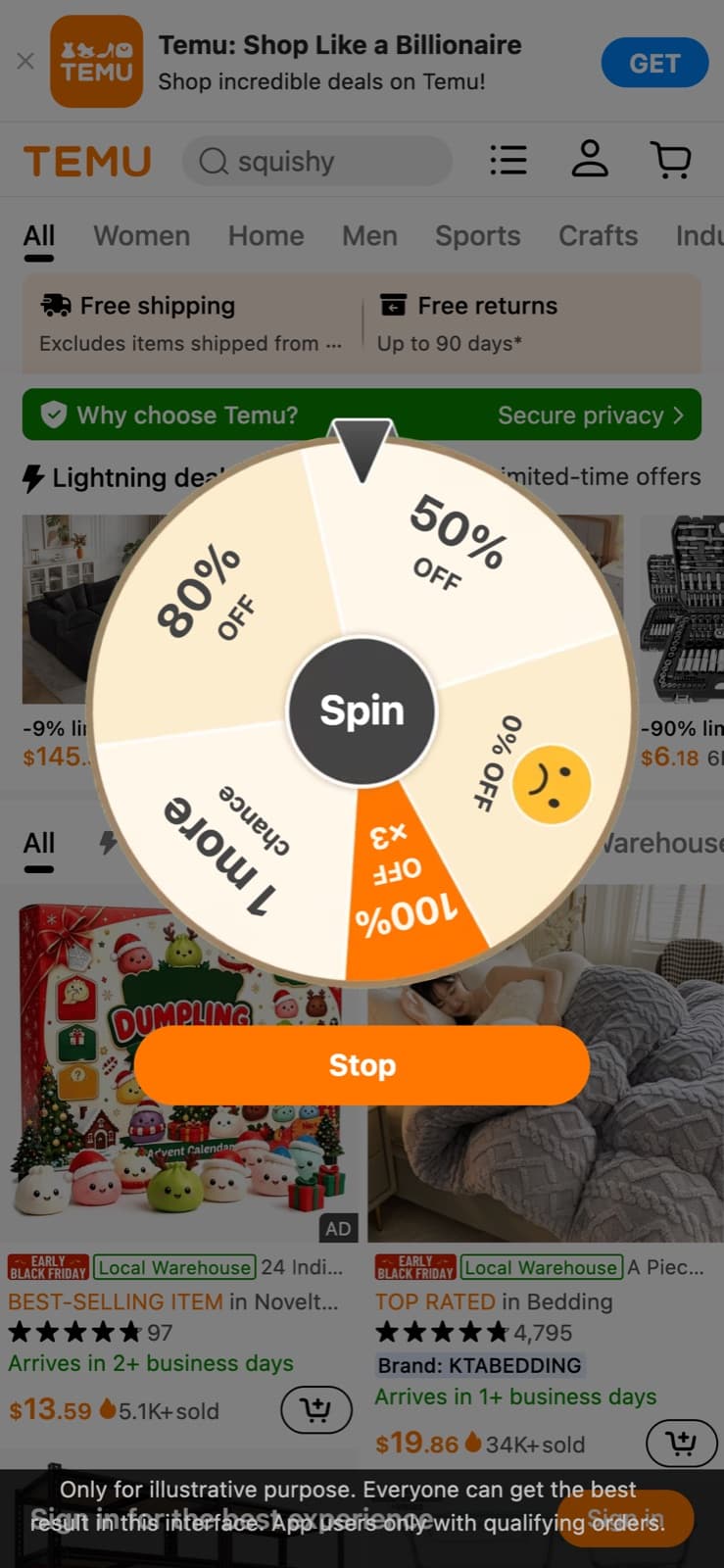 Temu's homepage with lightning deals, limited-time prices and a bonus coupons badge on desktop, and a spin-to-win discount wheel on iPhone