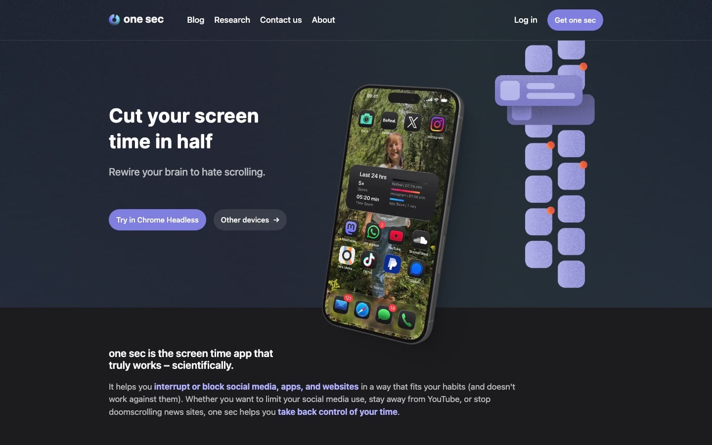 one sec's homepage showing its pause screen, which counts how many times you tried to open an app today