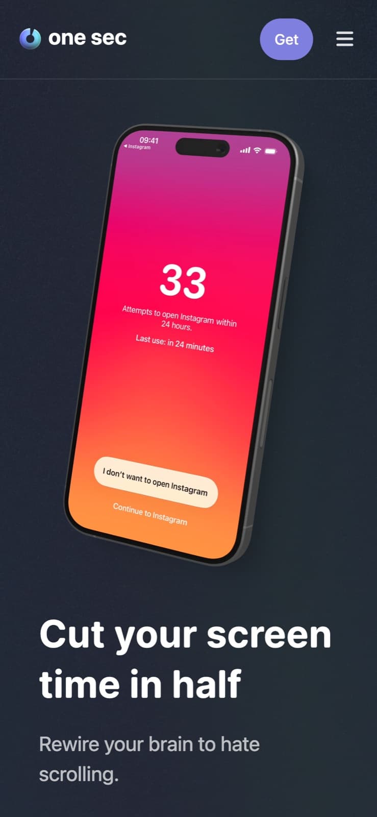one sec's homepage showing its pause screen, which counts how many times you tried to open an app today