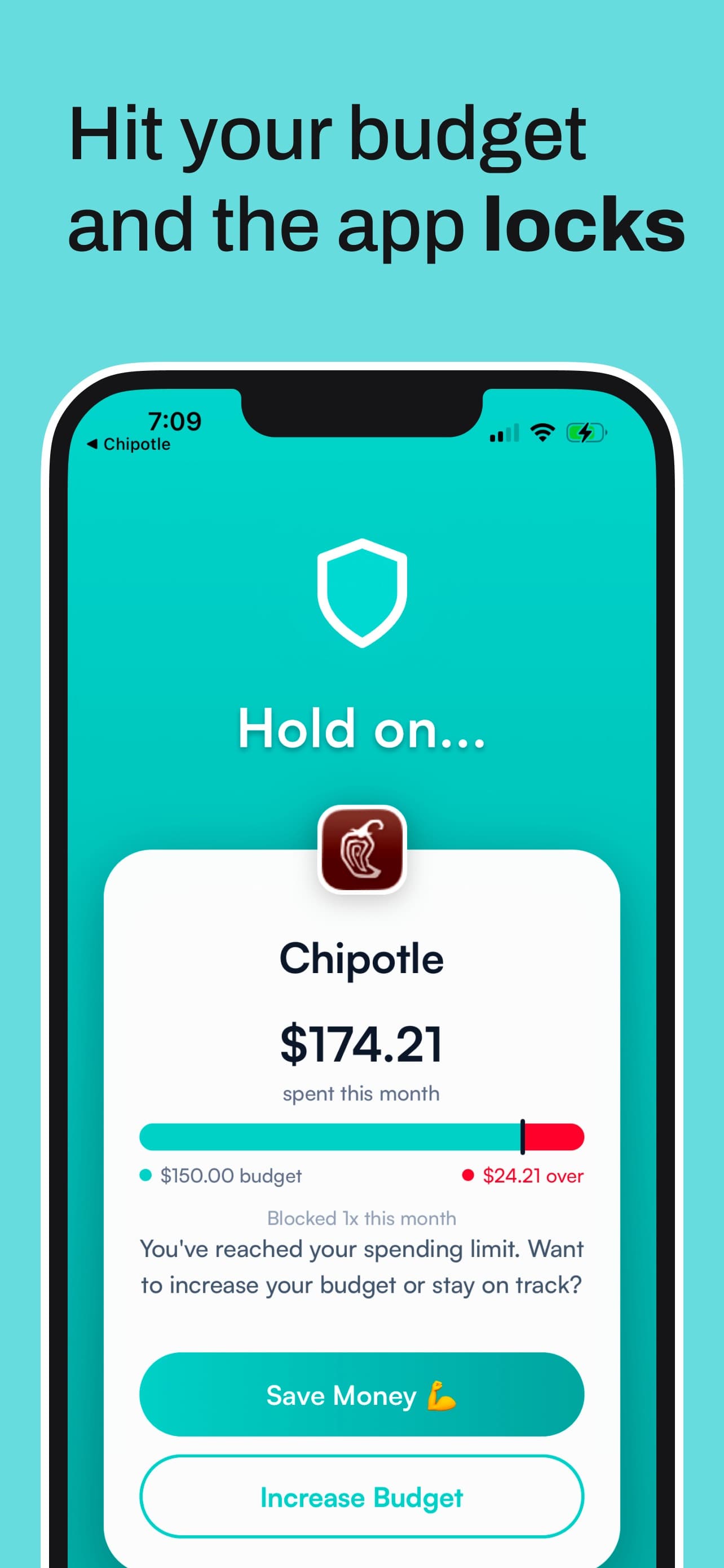 Hinder block screen locking a spending app after the monthly budget is exceeded, with Save Money and Increase Budget buttons