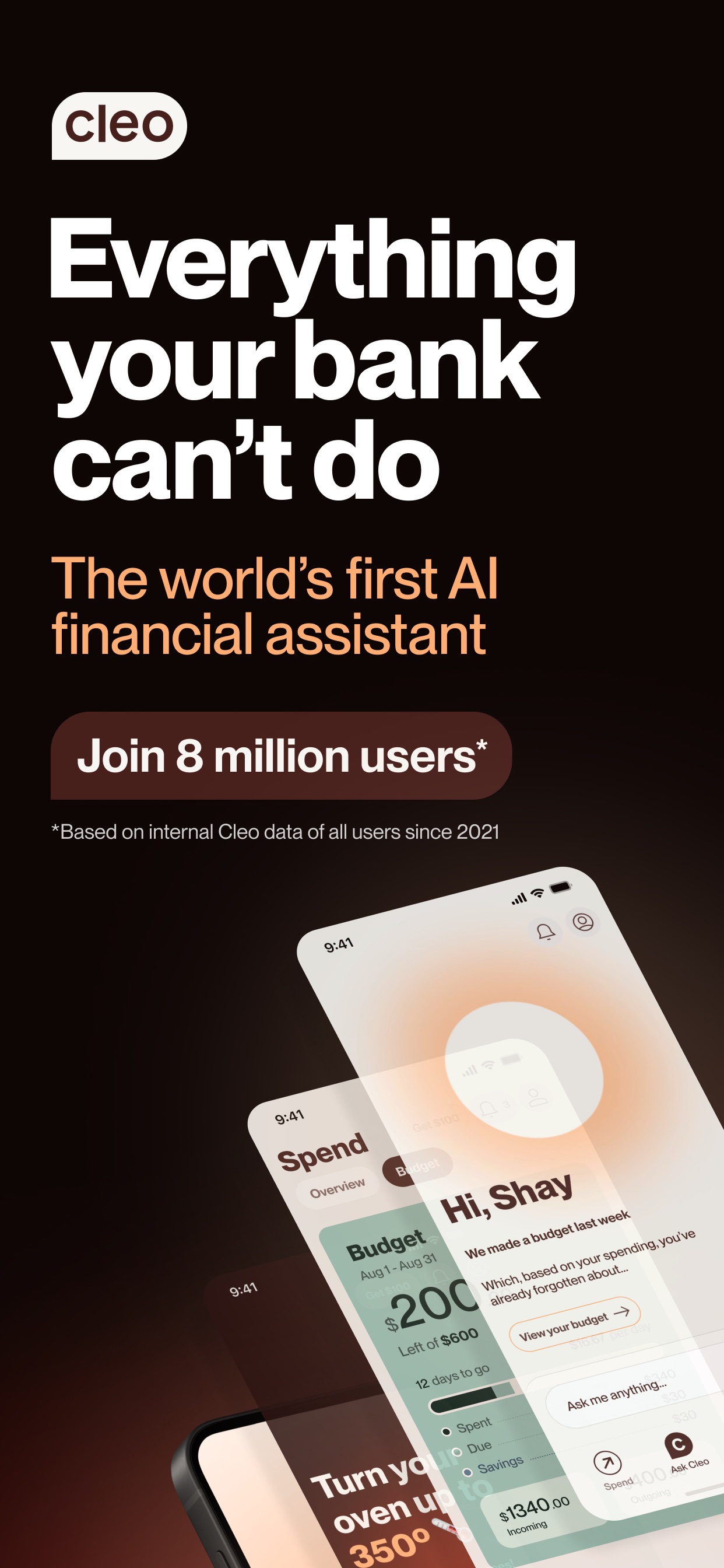 Cleo App Store screenshot pitching the world's first AI financial assistant with a budget chat screen