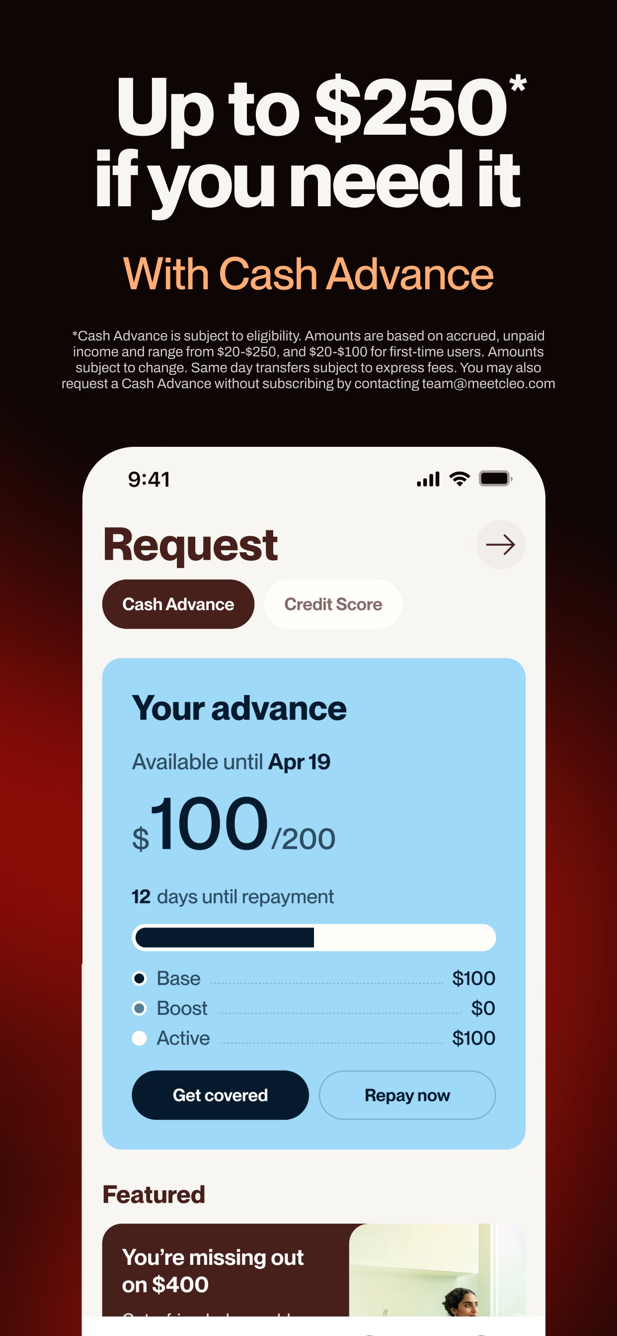 Cleo App Store screenshot advertising cash advances up to 250 dollars with a repayment countdown and express fee fine print