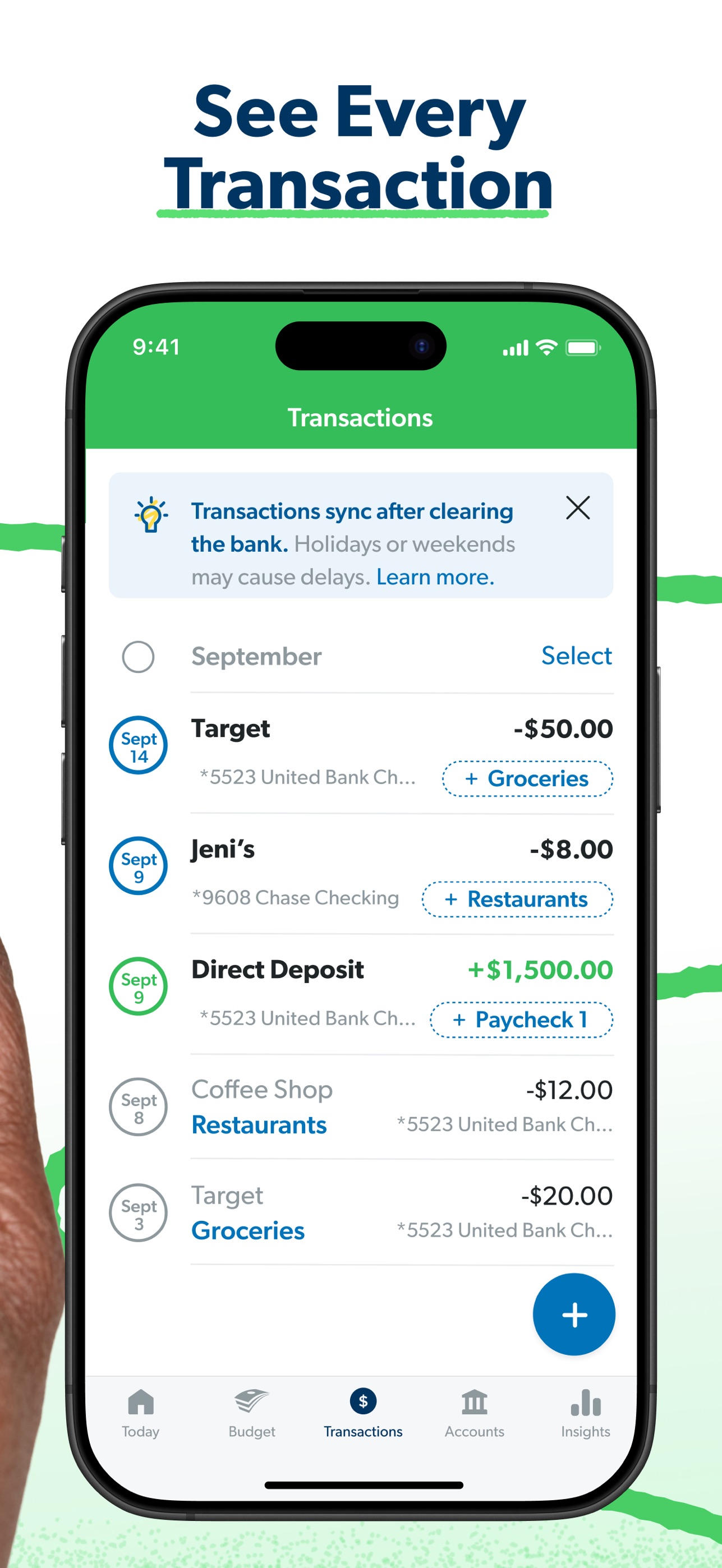 EveryDollar transactions screen with Target and restaurant purchases being assigned to budget lines, transactions synced from the bank on Premium