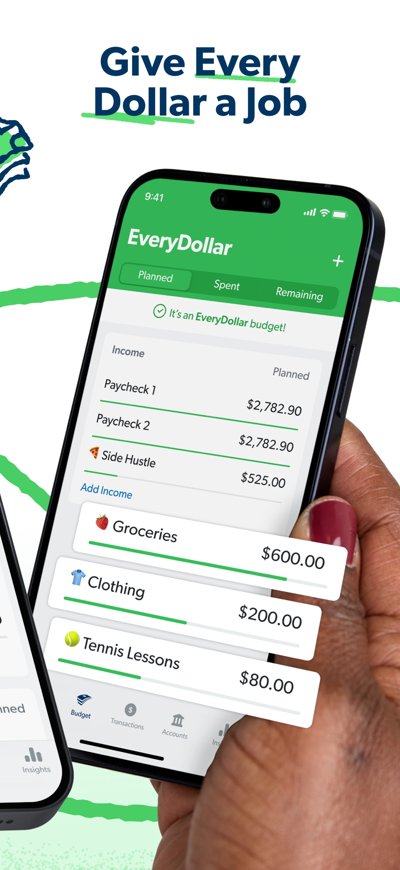 EveryDollar zero-based budget screen with paychecks listed as income and budget lines for Groceries at 600 dollars, Clothing at 200 dollars, and Tennis Lessons at 80 dollars