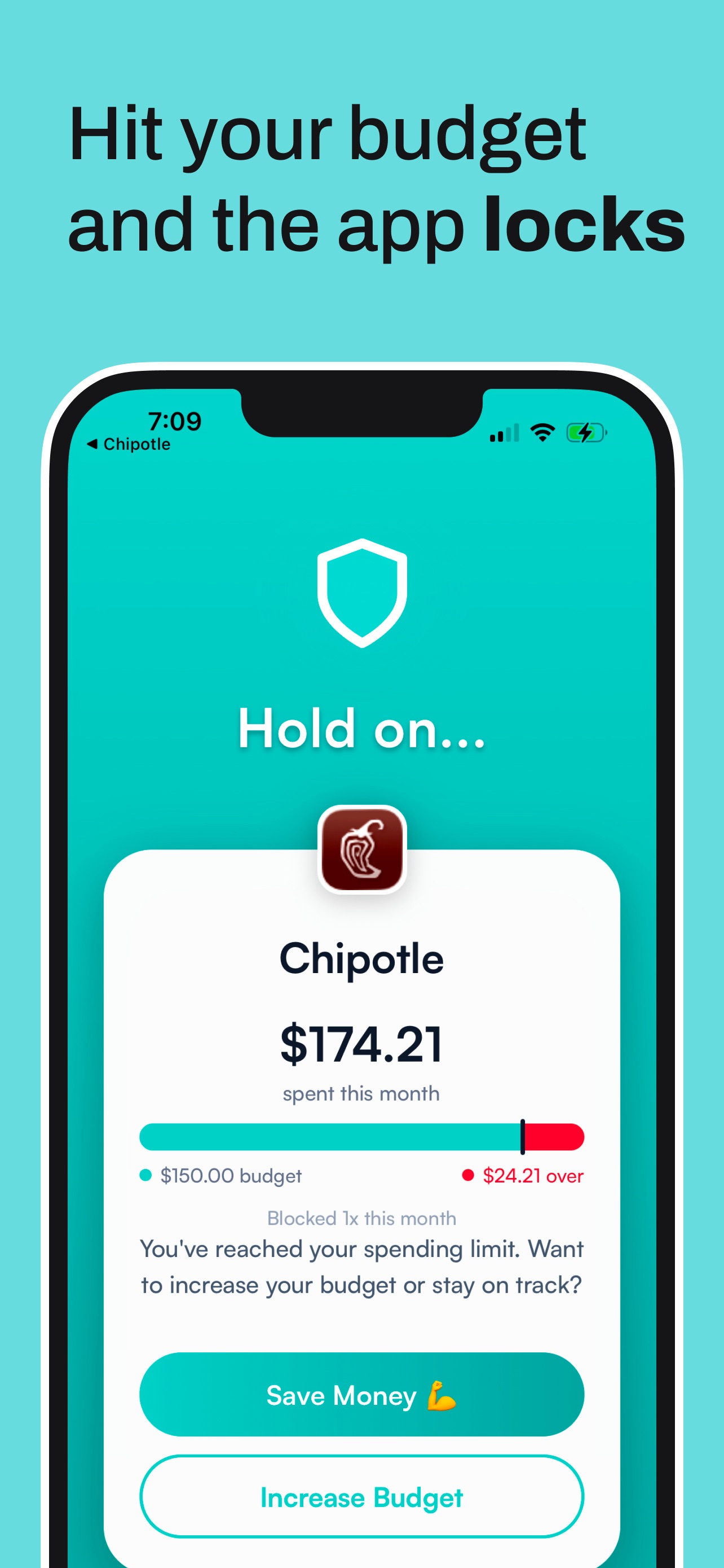 Hinder block screen showing Hold on over an app with spending above the set monthly limit and Save Money and Increase Budget buttons
